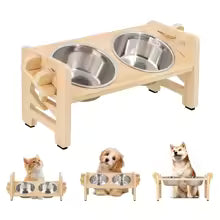 Support réglable en bois avec 2 gamelles en inox